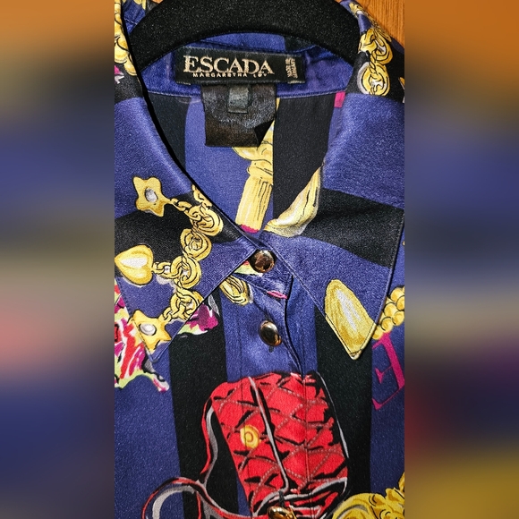 VTG 90'S ESCADA MARAGRETHA LEY BLUE BAROQUE SHOPPING PRINT SILK - Picture 2 of 4